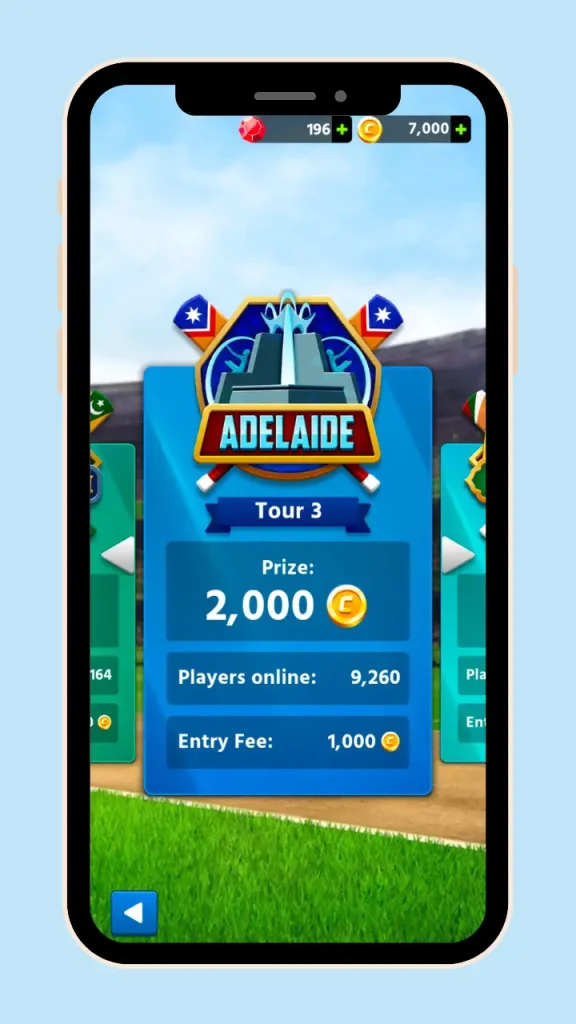 Cricket League MOD APK Tour-3 Adelaide needs 1000 coins to participate in the match