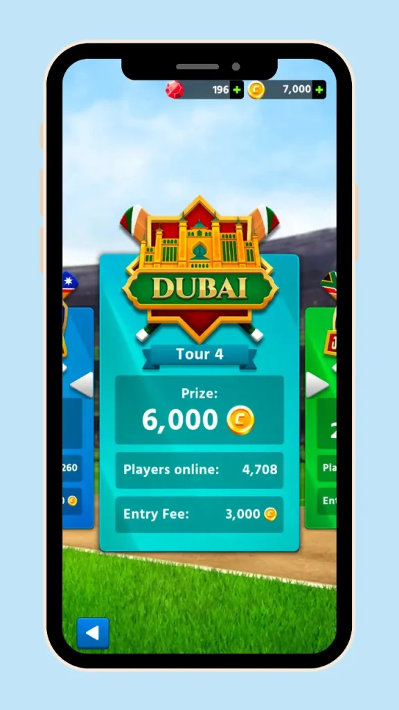 Cricket League Game Tour-4 Dubai needs 3000 coins to participate in the match