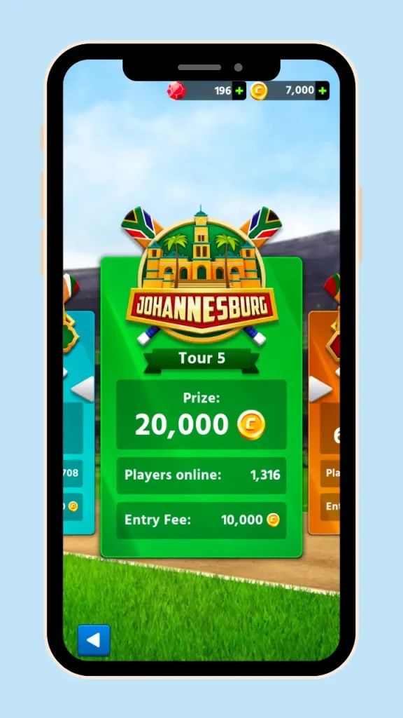 Cricket League Game Tour-5 Johannesburg needs 10000 coins to participate in the match